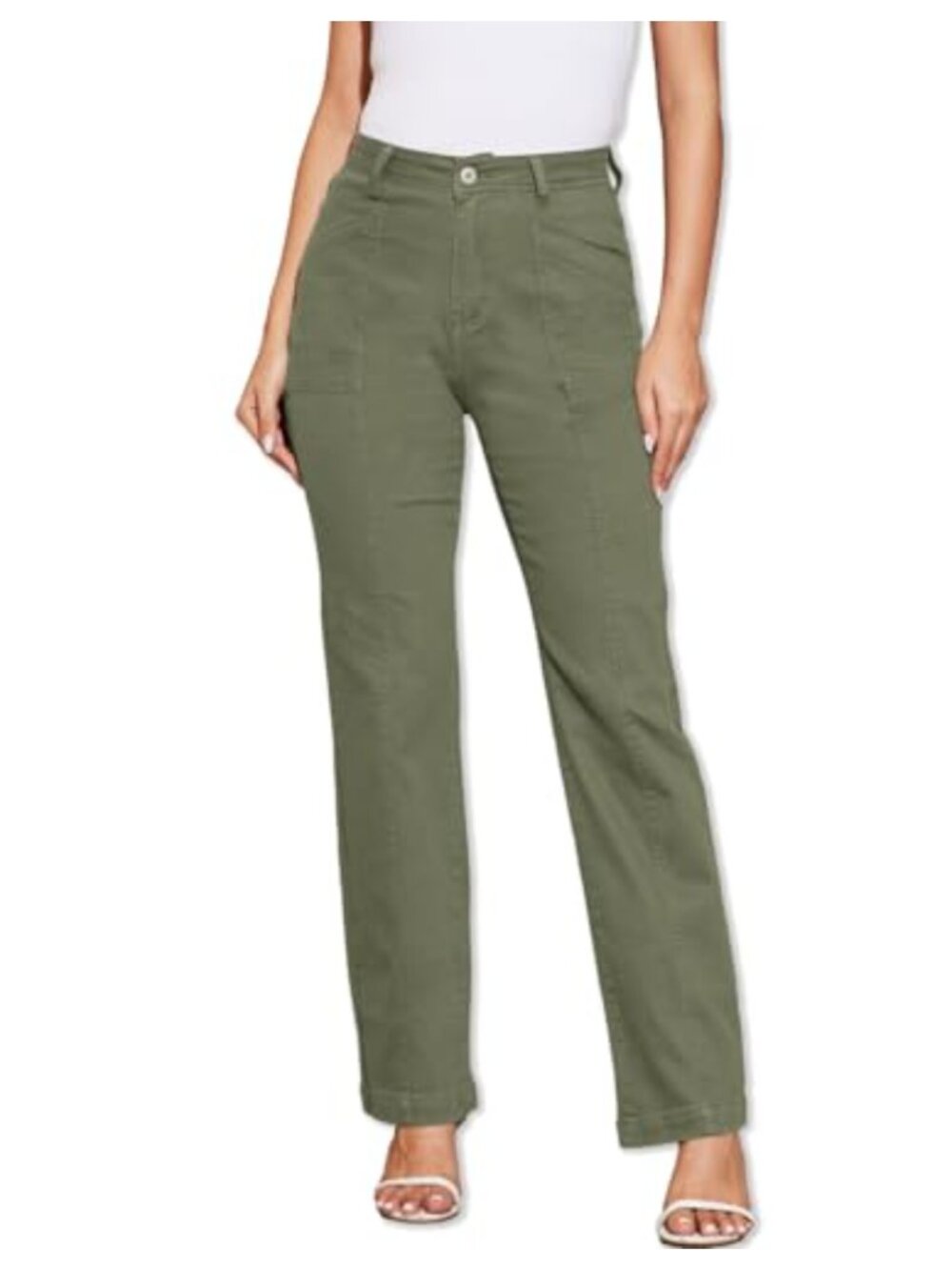 Women Stretchy Chino Cargo Jeans High Waisted Straight Leg Trousers